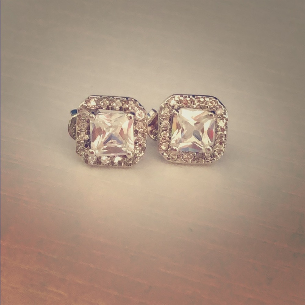 Princess Cut Center CZ Halo Stud Earrings - Silver